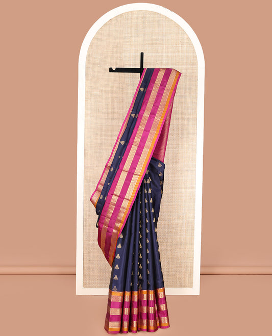 Blue Vasundhara Lite Silk Mix Saree, Elevated with Zari Buttas All Over Its Body, Complemented by a Contrast Border of Manga Mokku, Muthu, and Rudraksham Designs, Gracefully Embellished Pallu, and Paired with a Contrast Blouse