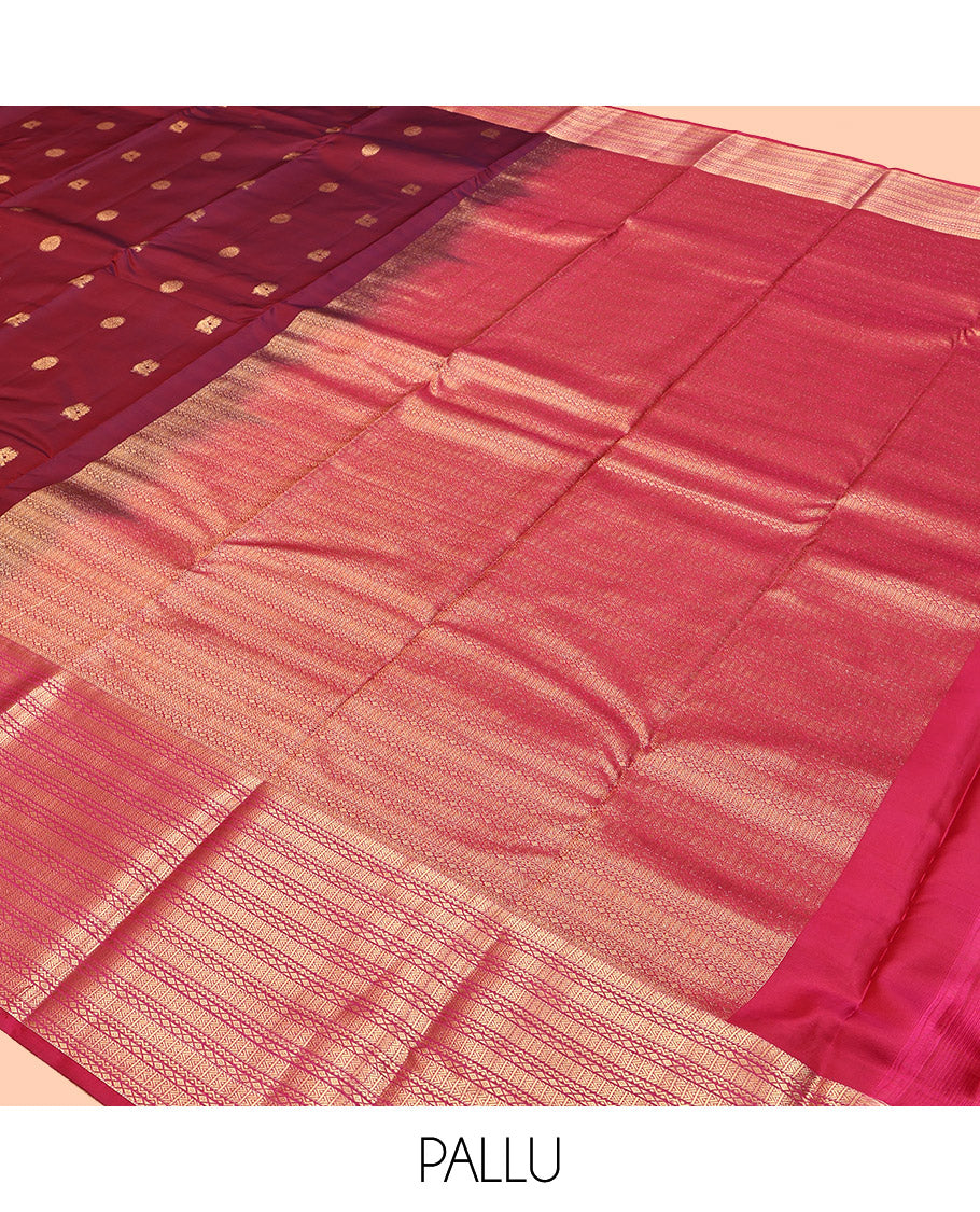 Maroon Vasundhara Lite Silk Mix Saree Features Mayil-Chakram Buttas, Complemented by a Contrast Border of Neli and Diamond, a Geometric Pallu, and a Contrast Blouse