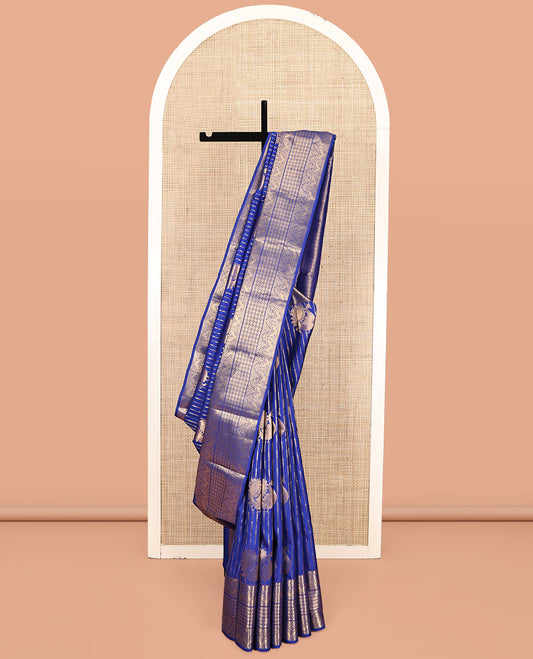 Blue Vasundhara Lite-Silk Mix Saree Featuring Zari Buttas and Stripes, Highlighted by Zari Border of Kamalam and Kili Designs, Butta-Enclosed Checked Pallu, and a Matching Blouse
