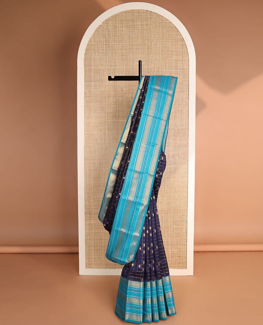 Violet checked, floral buttas vasundhara elite silk saree with contrast striped, floral zari design & argyle design pallu
