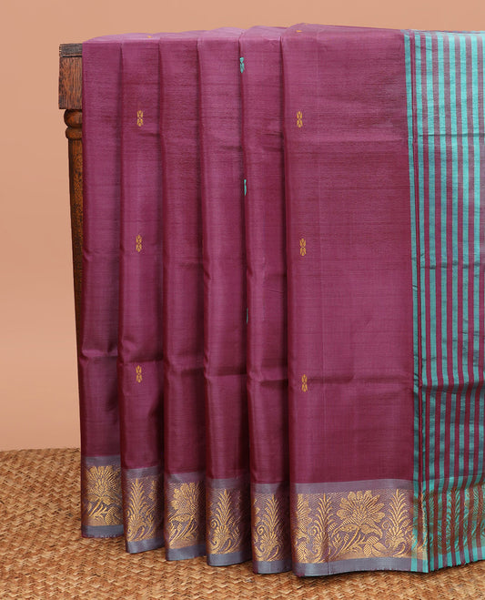 Wine Banana Pith Saree, Embellished with Thread Buttas All Over Its Body, Complemented by a Contrast Floral Creeper Design Woven Border, Pallu Steeped with Stripes and Buttas, and Paired with a Contrast Blouse