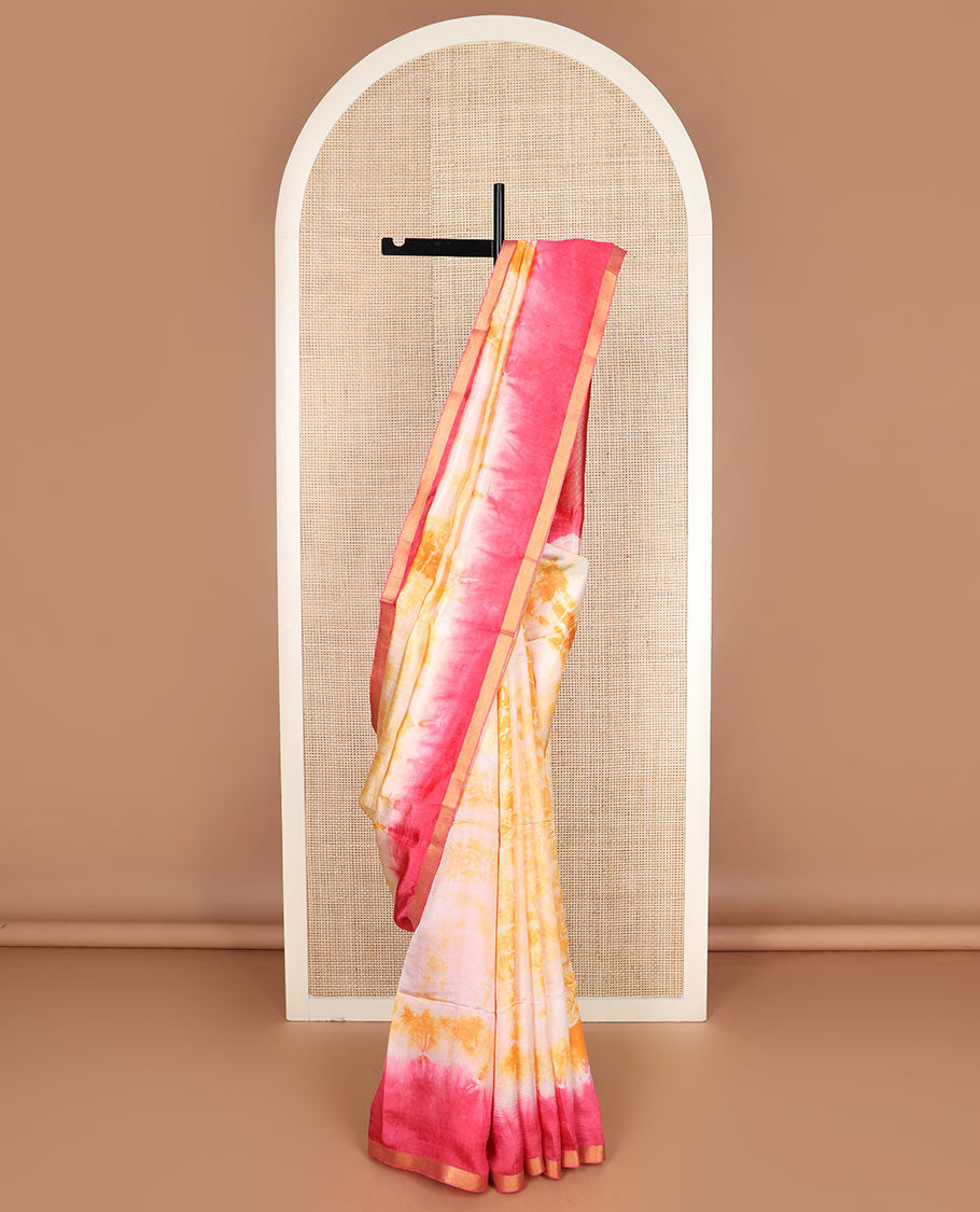 Yellow shibori printed banana pith saree, contrast piping border, and shibori printed pallu