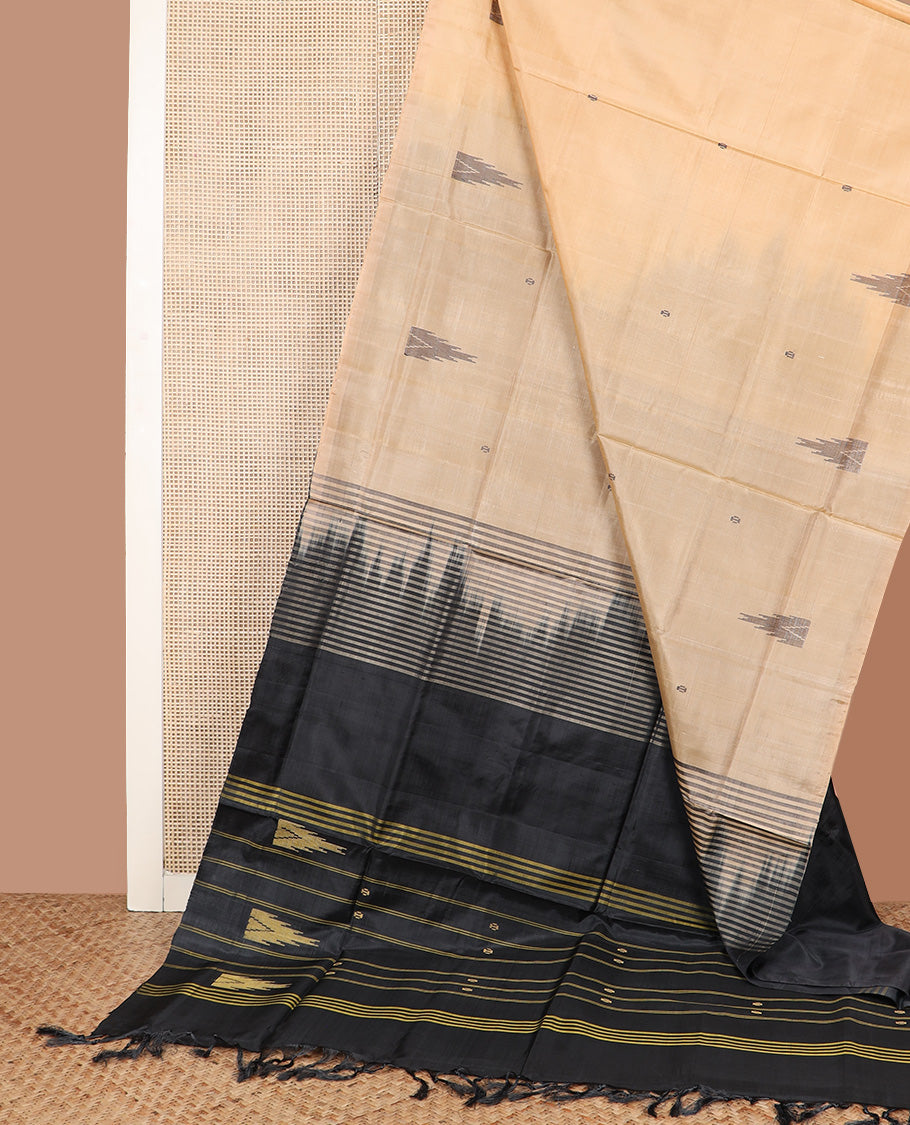 Borderless sandal buttas Banana pith saree, contrast pallu of stripes, and temple buttas