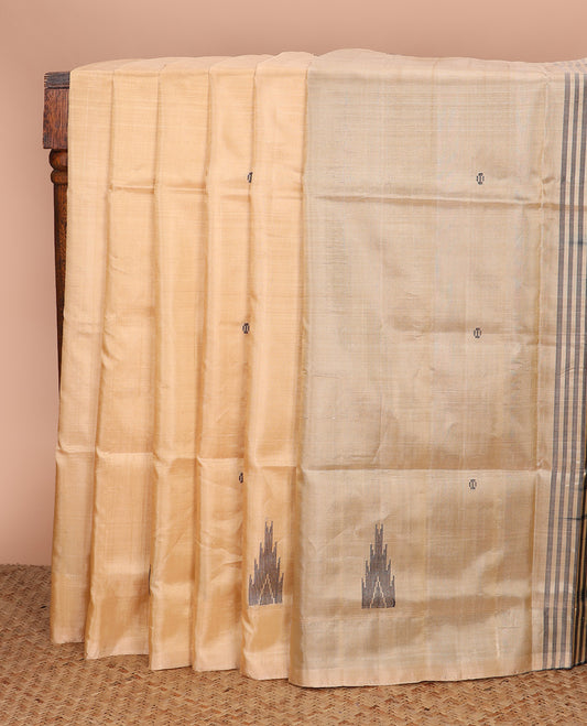 Borderless sandal buttas Banana pith saree, contrast pallu of stripes, and temple buttas