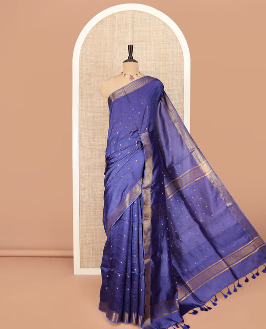 Ink Blue Banana Pith Saree Prettified with Zari Buttas, Temple Border of Zari Designs, Subtle Pallu of Zari Designs, and Paired with a Matching Blouse