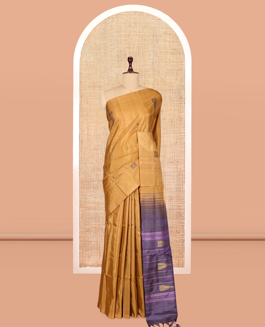 Borderless Gold Banana Pith Saree, Woven with Temple Buttas, a Contrast Pallu of Stripes and Temple Design, and a Contrast Blouse