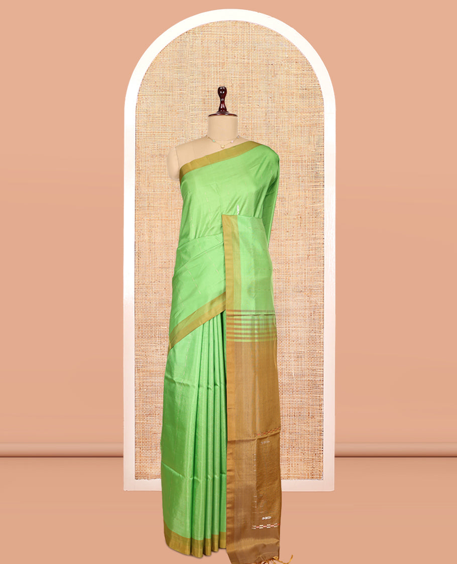 Green Banana Pith Saree, Woven with Buttas, a Contrast Border, Striped Pallu, and a Contrast Blouse