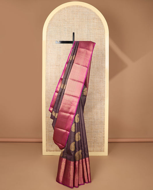 Brown checked, floral design silk saree with contrast intricate zari design border & floral zari design pallu