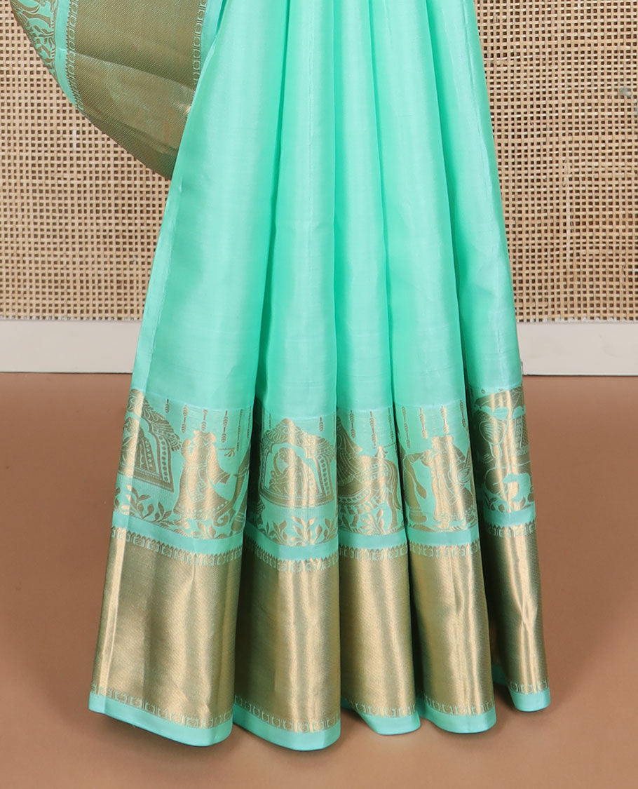 Sea blue silk saree with self border of wedding, banaras design & zari design pallu