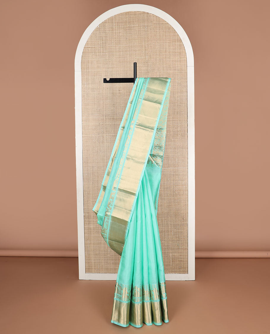 Sea blue silk saree with self border of wedding, banaras design & zari design pallu