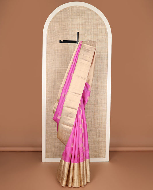 Pink zari buttas silk saree, contrast border of thilakam mokku,rudraksham,mayil kann, chakra & yaanai & jaal pallu