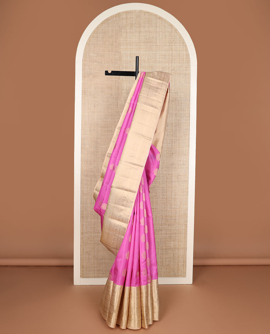 Pink zari buttas silk saree, contrast border of thilakam mokku,rudraksham,mayil kann, chakra & yaanai & jaal pallu