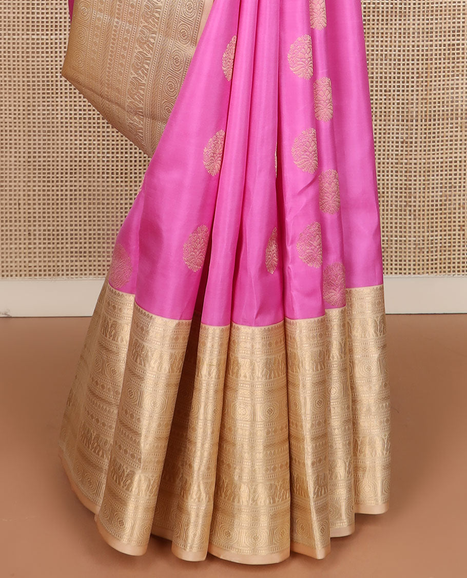 Pink zari buttas silk saree, contrast border of thilakam mokku,rudraksham,mayil kann, chakra & yaanai & jaal pallu