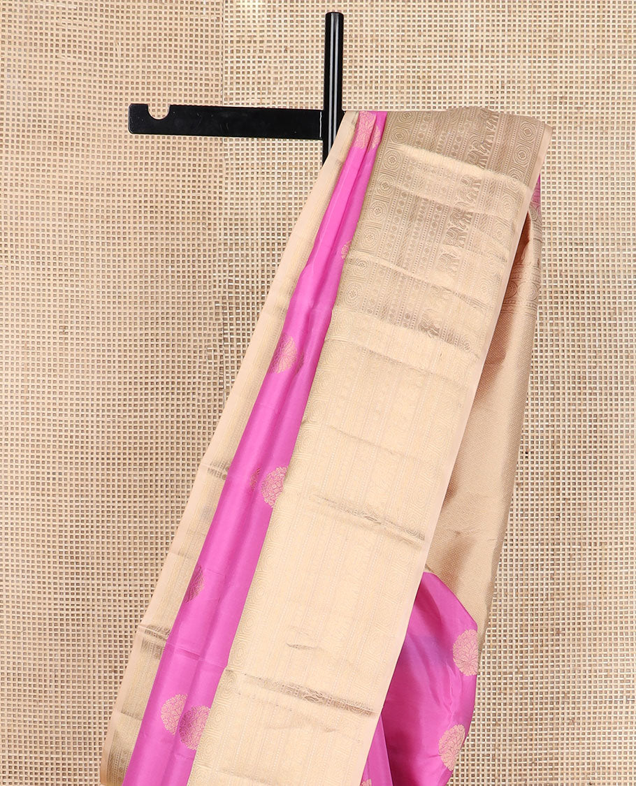 Pink zari buttas silk saree, contrast border of thilakam mokku,rudraksham,mayil kann, chakra & yaanai & jaal pallu