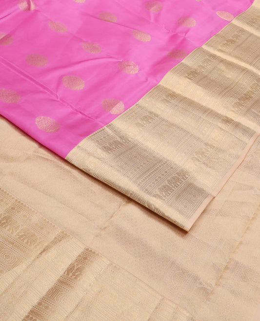 Pink zari buttas silk saree, contrast border of thilakam mokku,rudraksham,mayil kann, chakra & yaanai & jaal pallu