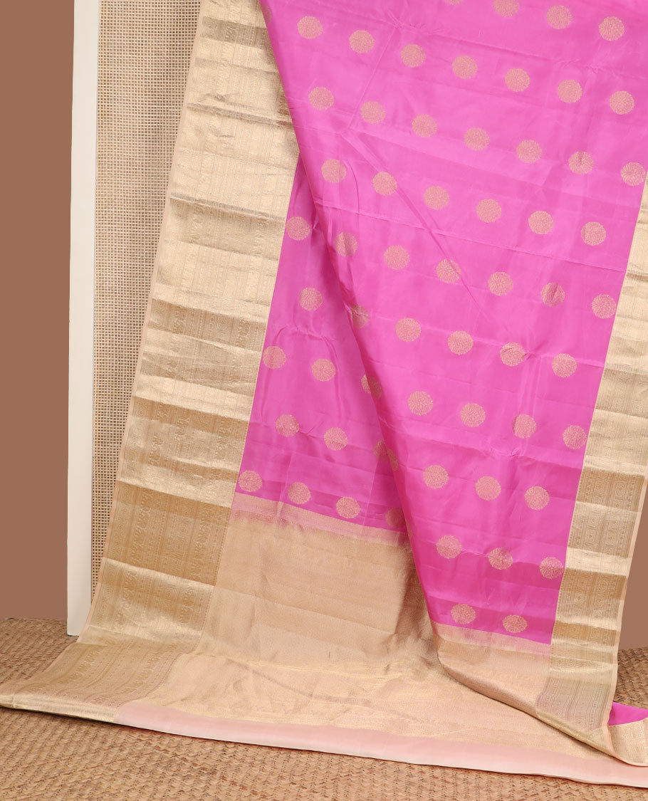Pink zari buttas silk saree, contrast border of thilakam mokku,rudraksham,mayil kann, chakra & yaanai & jaal pallu