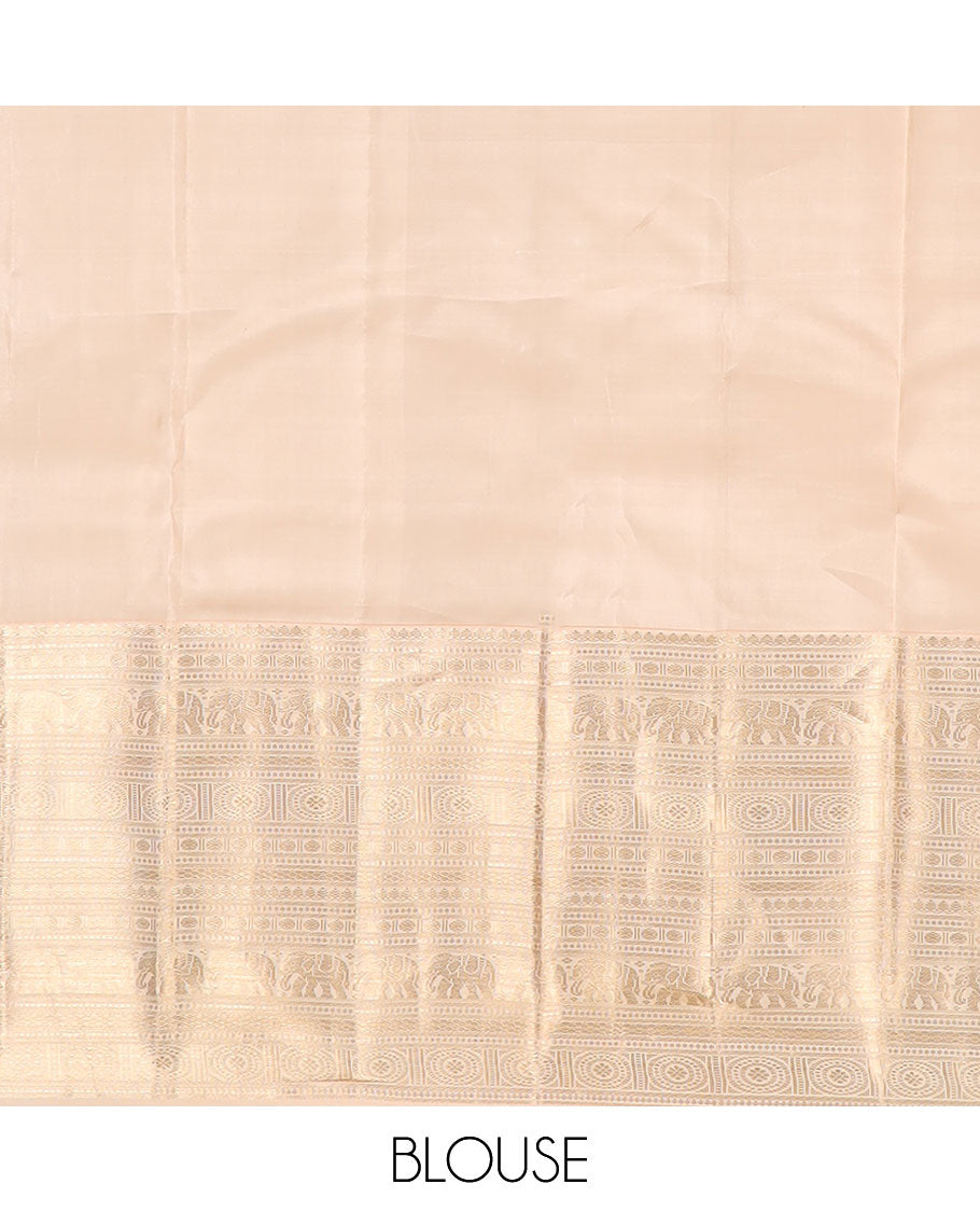 Pink zari buttas silk saree, contrast border of thilakam mokku,rudraksham,mayil kann, chakra & yaanai & jaal pallu