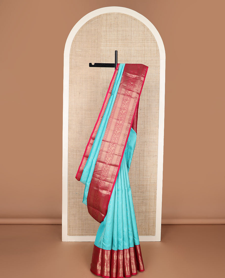 Blue zari designs silk saree, contrast border of rekku,muthu,banaras,kuyil kann & manga kodi & floral jaal pallu