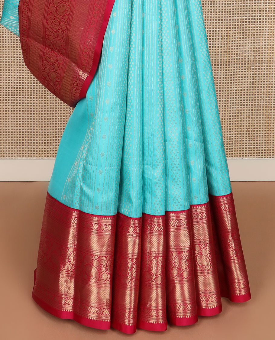 Blue zari designs silk saree, contrast border of rekku,muthu,banaras,kuyil kann & manga kodi & floral jaal pallu