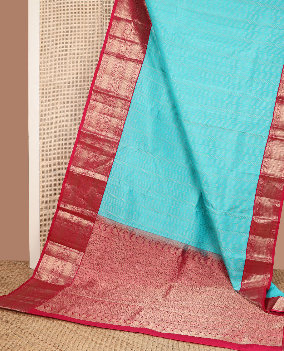 Blue zari designs silk saree, contrast border of rekku,muthu,banaras,kuyil kann & manga kodi & floral jaal pallu