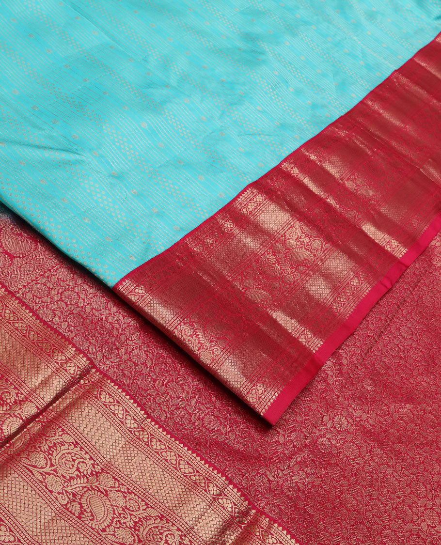 Blue zari designs silk saree, contrast border of rekku,muthu,banaras,kuyil kann & manga kodi & floral jaal pallu