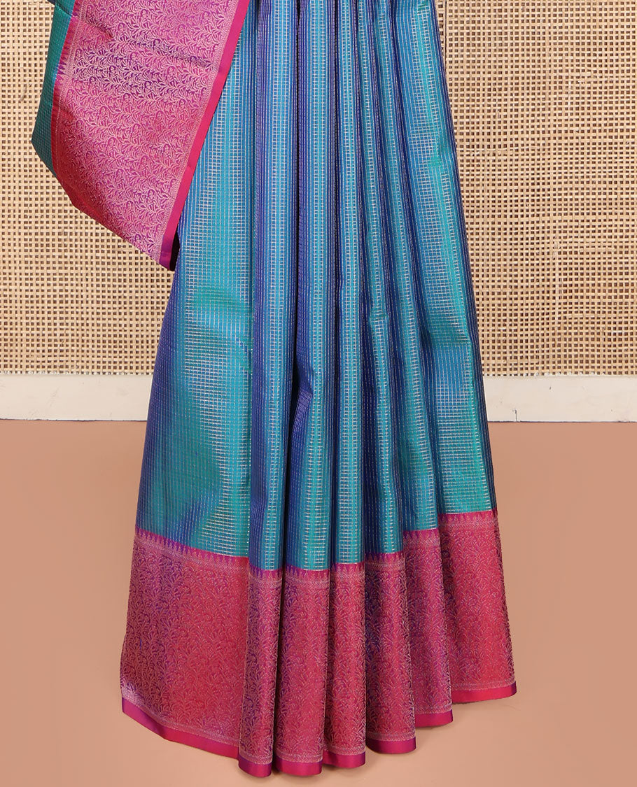Blue Vasundhara Silk Saree, Woven with Micro-Checked Designs All Over Its Body, Complemented by a Contrast Border of Rekku, Kathir, and Leaf Designs, Jaal Pallu, and Paired with a Contrast Blouse