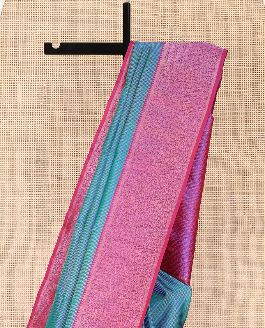 Blue Vasundhara Silk Saree, Woven with Micro-Checked Designs All Over Its Body, Complemented by a Contrast Border of Rekku, Kathir, and Leaf Designs, Jaal Pallu, and Paired with a Contrast Blouse