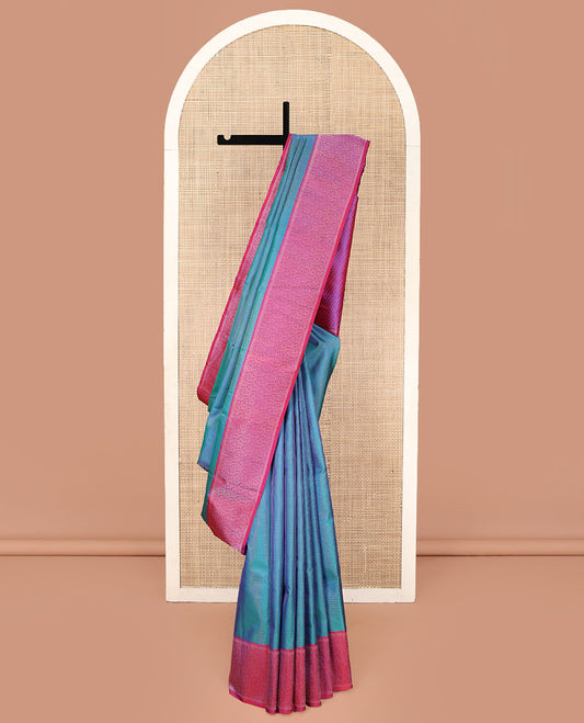 Blue Vasundhara Silk Saree, Woven with Micro-Checked Designs All Over Its Body, Complemented by a Contrast Border of Rekku, Kathir, and Leaf Designs, Jaal Pallu, and Paired with a Contrast Blouse