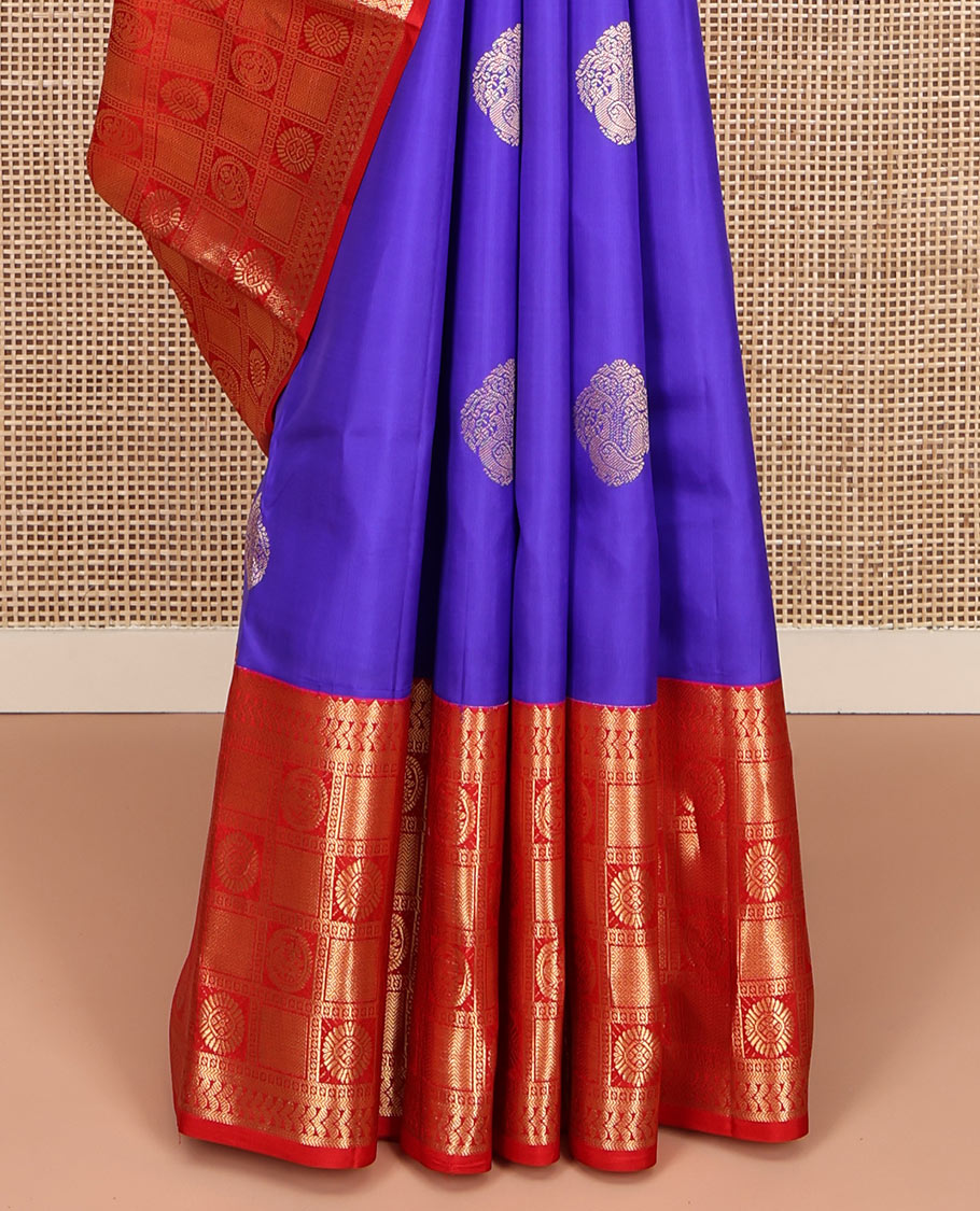 Violet Vasundhara Silk Saree, Prettified with Zari Buttas All Over Its Body, Complemented by a Contrast Border of Rekku, Banaras, Kathir, Chakram, Round Mayil, and Mayil Kann Designs, Grand Ogee-Patterned Pallu, and Paired with a Contrast Blouse