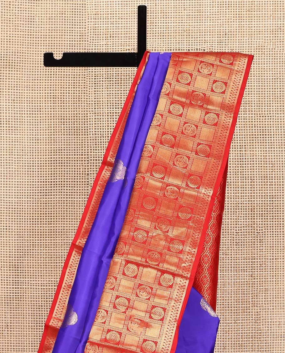 Violet Vasundhara Silk Saree, Prettified with Zari Buttas All Over Its Body, Complemented by a Contrast Border of Rekku, Banaras, Kathir, Chakram, Round Mayil, and Mayil Kann Designs, Grand Ogee-Patterned Pallu, and Paired with a Contrast Blouse