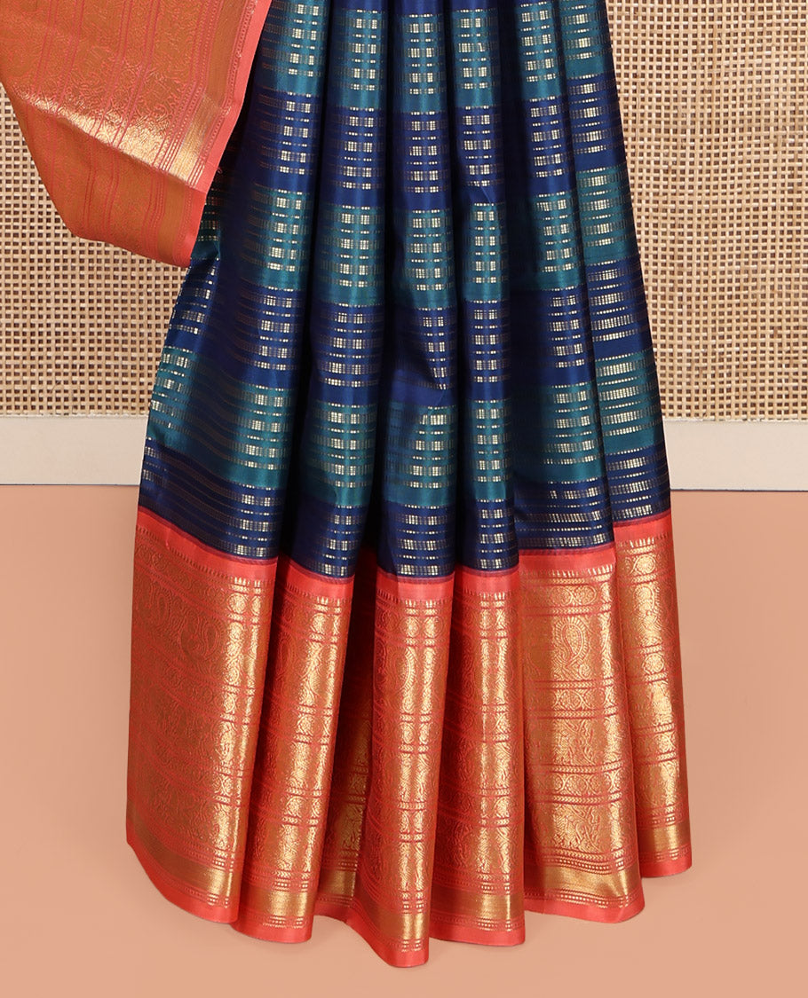 Blue Zari Striped Vasundhara Silk Saree, Contrast Border of Rekku, Kodi Visiry, Mayil, and Kuthirai Designs, Grand Pallu, and a Contrast Blouse