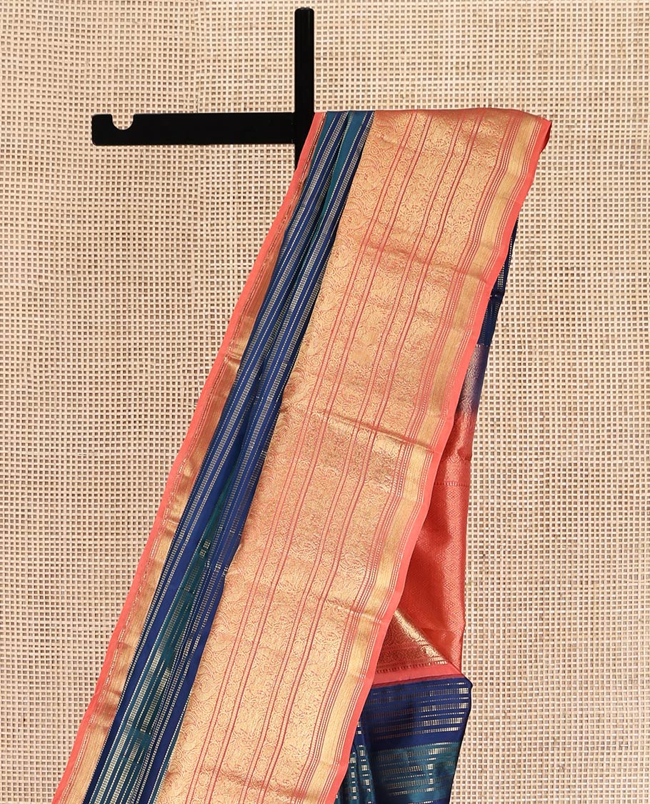 Blue Zari Striped Vasundhara Silk Saree, Contrast Border of Rekku, Kodi Visiry, Mayil, and Kuthirai Designs, Grand Pallu, and a Contrast Blouse