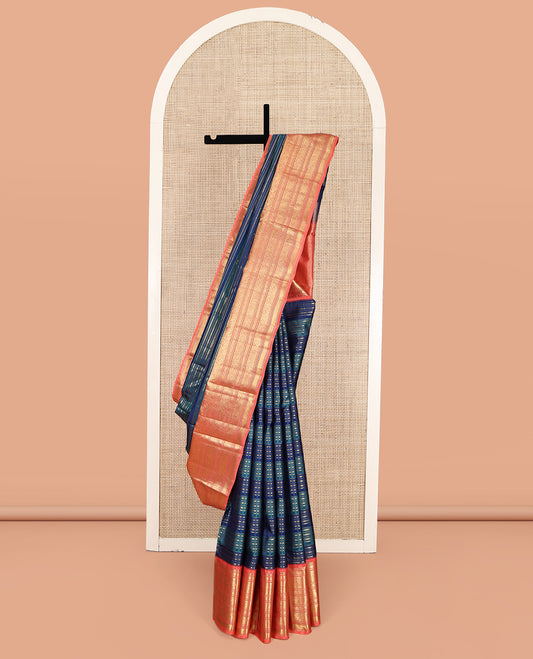 Blue Zari Striped Vasundhara Silk Saree, Contrast Border of Rekku, Kodi Visiry, Mayil, and Kuthirai Designs, Grand Pallu, and a Contrast Blouse