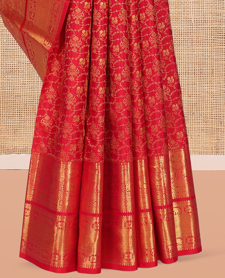 Red Kanchipuram Wedding Silk Saree, Ornamented with Jacquard Design, a Self-Border of Thilakam, Muthu, Poun, Kamalam, Yaali, Yaanai, and Jaal Design, Jaal Pallu, and a Matching Blouse