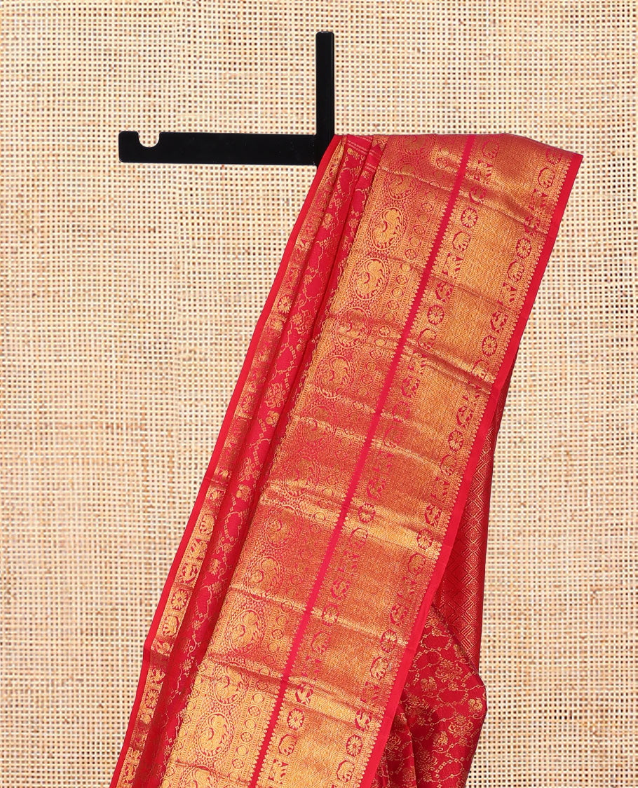 Red Kanchipuram Wedding Silk Saree, Ornamented with Jacquard Design, a Self-Border of Thilakam, Muthu, Poun, Kamalam, Yaali, Yaanai, and Jaal Design, Jaal Pallu, and a Matching Blouse