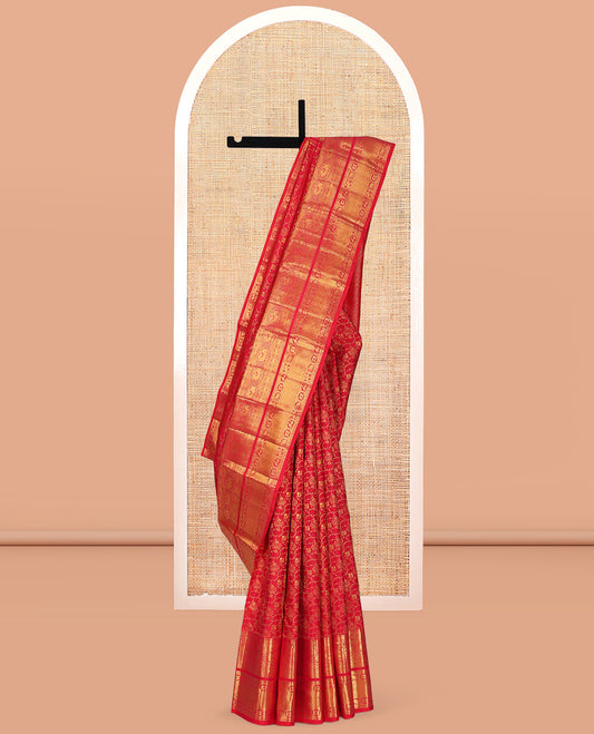 Red Kanchipuram Wedding Silk Saree, Ornamented with Jacquard Design, a Self-Border of Thilakam, Muthu, Poun, Kamalam, Yaali, Yaanai, and Jaal Design, Jaal Pallu, and a Matching Blouse