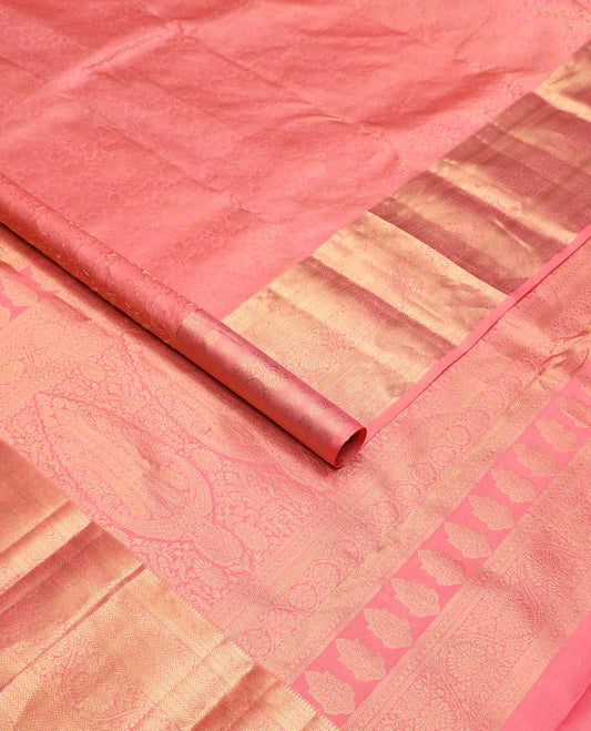 Pink jacquard Kanchipuram wedding silk saree, zari border of rekku, kathir, mayil kann, and kodi visiry designs, and intricate pallu