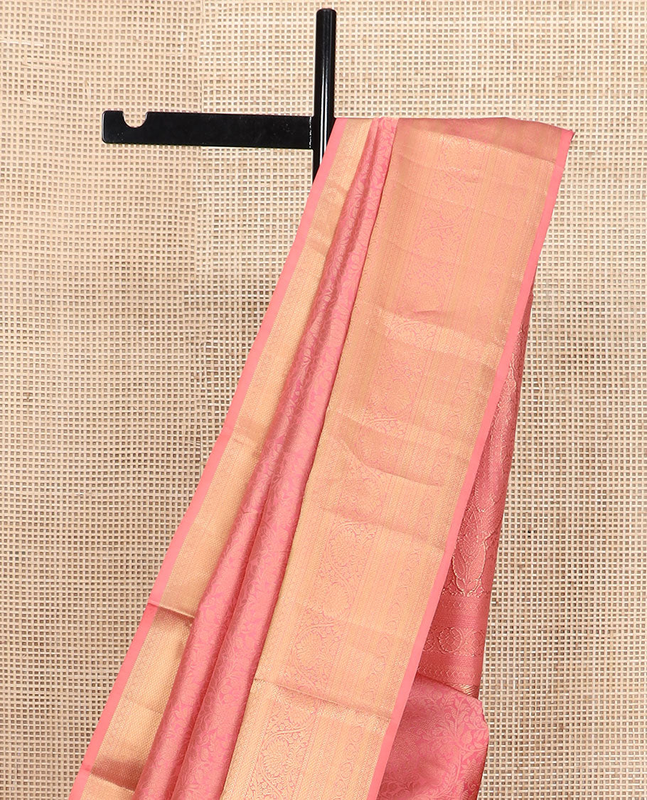 Pink jacquard Kanchipuram wedding silk saree, zari border of rekku, kathir, mayil kann, and kodi visiry designs, and intricate pallu