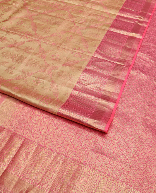 Sandal jacquard Kanchipuram wedding silk saree, contrast border of thilakam, banaras, neli, kathir, mayil kann, and diamond designs, and jaal pallu