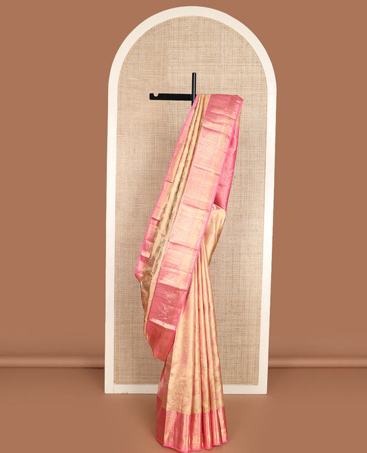 Sandal jacquard Kanchipuram wedding silk saree, contrast border of thilakam, banaras, neli, kathir, mayil kann, and diamond designs, and jaal pallu
