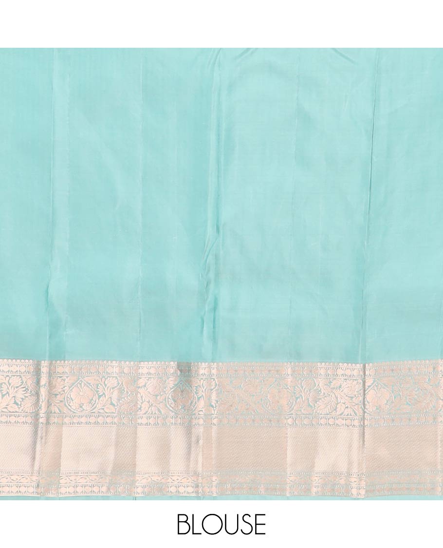 Blue jacquard Kanchipuram wedding silk saree, zari border of thilakam, muthu, poun, banaras, mayil, kodi visiry, leaf vine and zari designs, and intricate pallu