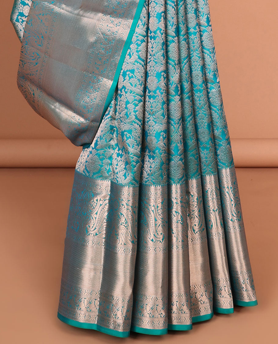 Blue floral jacquard kancheepuram silk saree with self-border of rekku, muthu, banaras design & zari design pallu