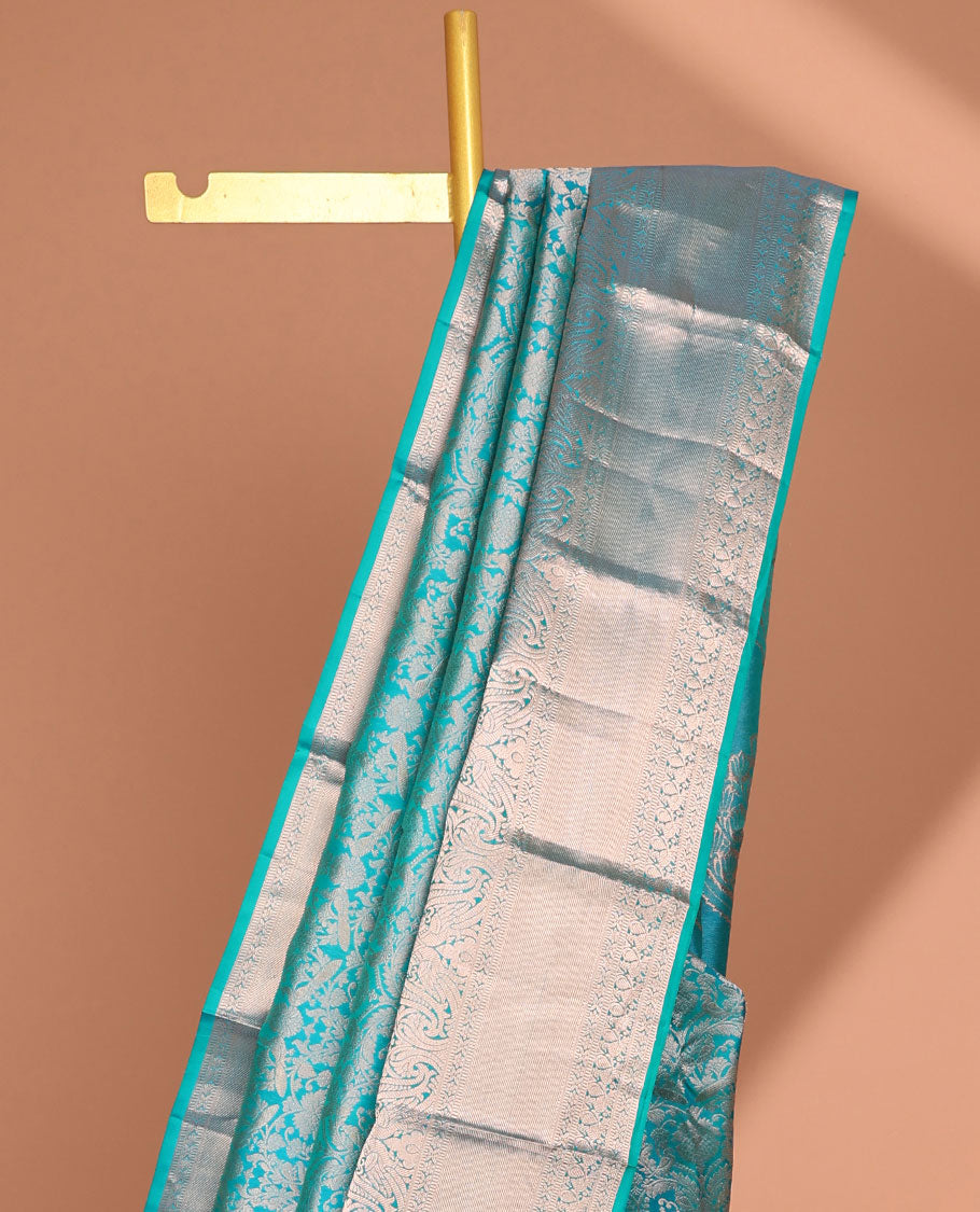Blue floral jacquard kancheepuram silk saree with self-border of rekku, muthu, banaras design & zari design pallu