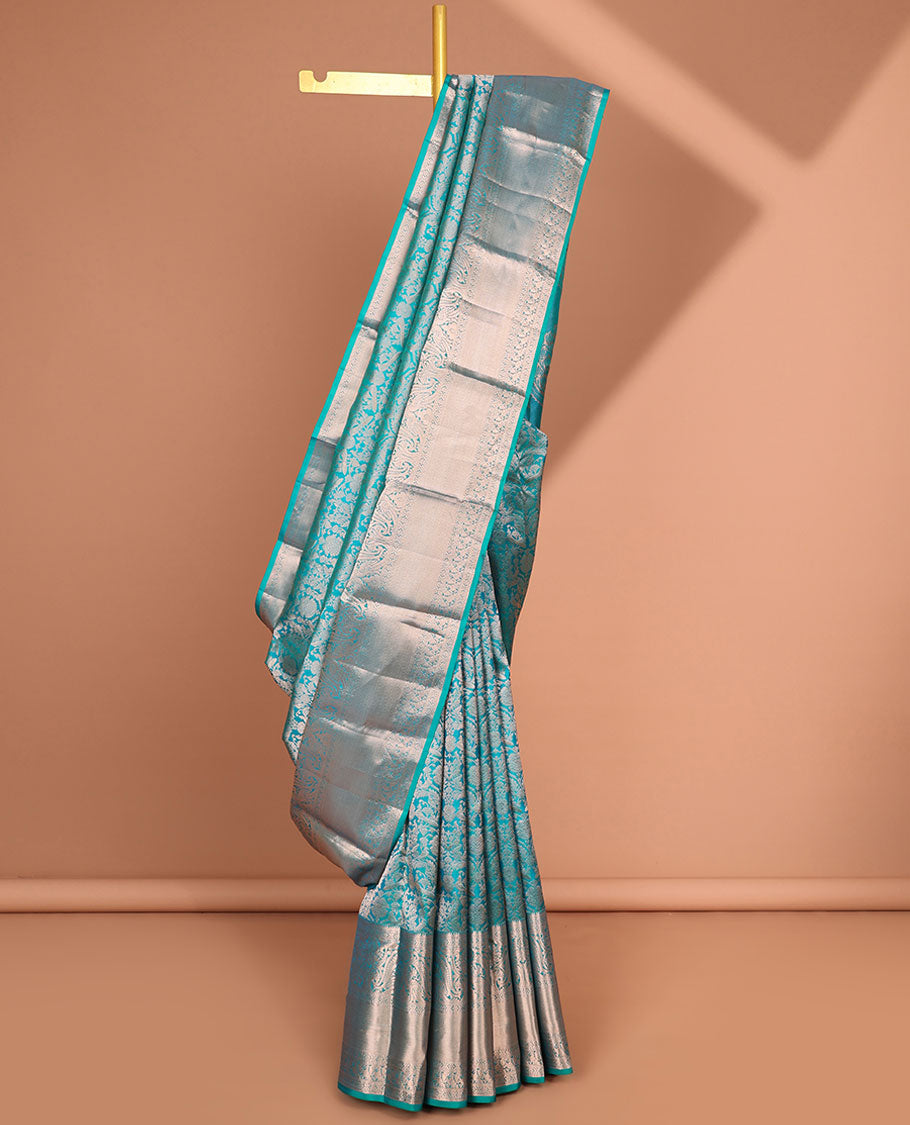 Blue floral jacquard kancheepuram silk saree with self-border of rekku, muthu, banaras design & zari design pallu