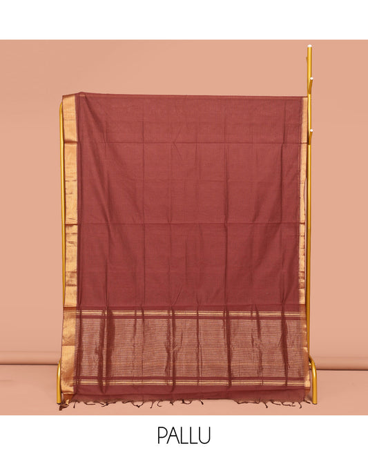 Terracotta Red Sparsely Striped Mangalgiri Cotton Saree, Highlighted by a Zari Border, Gleaming Zari-Striped Pallu, and Paired with a Matching Blouse