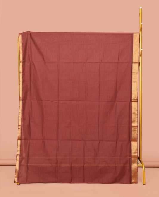 Terracotta Red Sparsely Striped Mangalgiri Cotton Saree, Highlighted by a Zari Border, Gleaming Zari-Striped Pallu, and Paired with a Matching Blouse