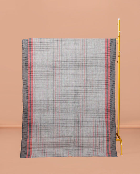Grey Checked Chirala Cotton Saree, a Contrast Border, Self-Pallu, and a Matching Blouse