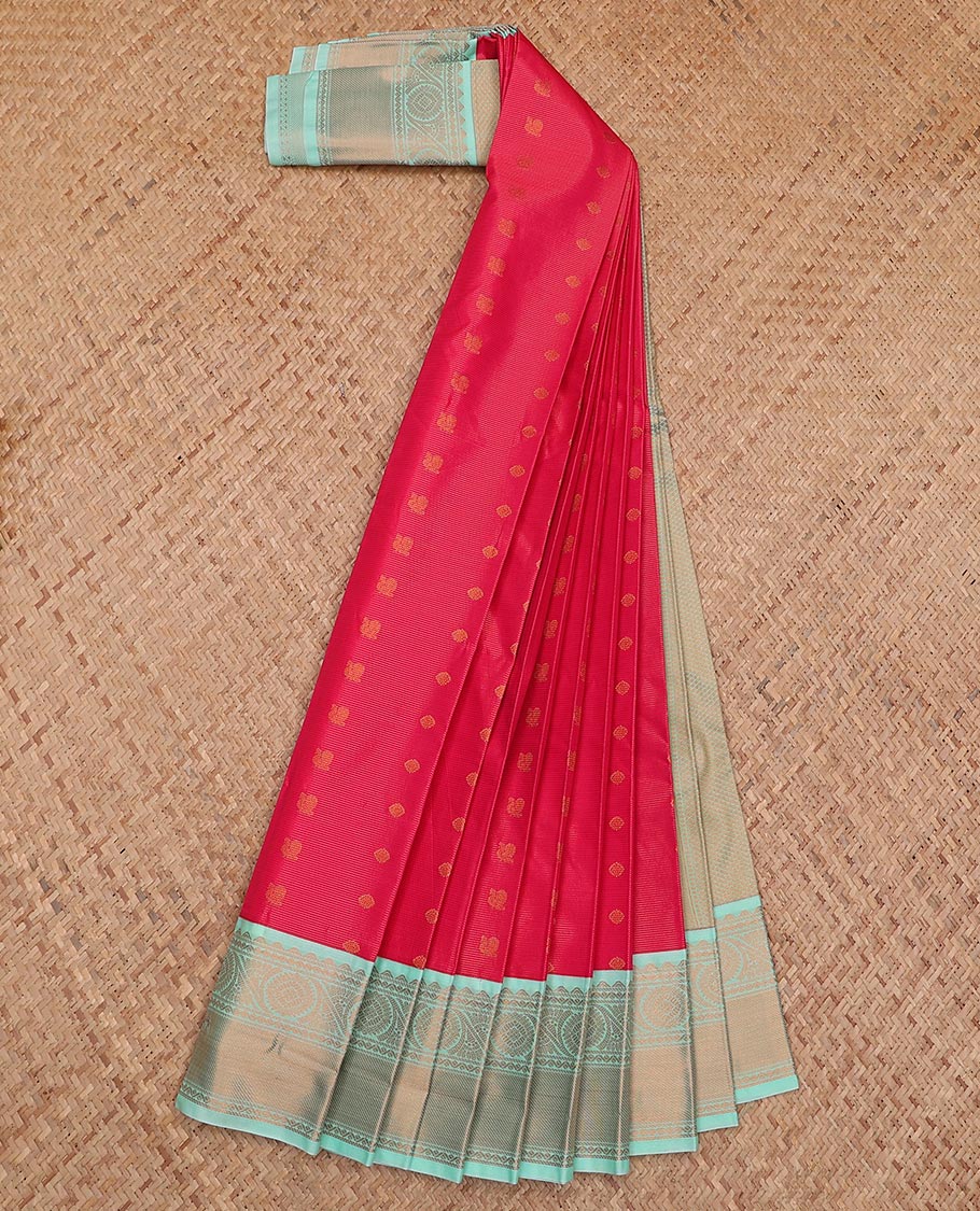 Red stripes and peacock chakra buttas gift saree, contrast traditional zari design border, and intricate pallu