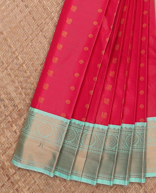 Red stripes and peacock chakra buttas gift saree, contrast traditional zari design border, and intricate pallu