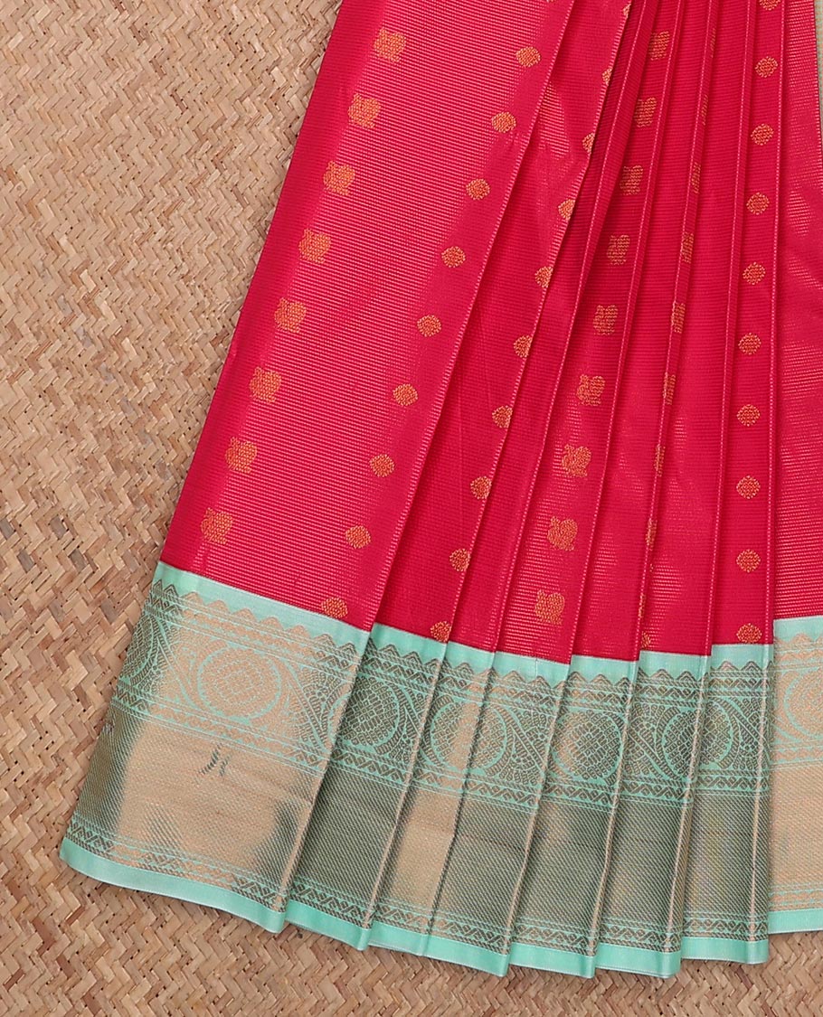 Red stripes and peacock chakra buttas gift saree, contrast traditional zari design border, and intricate pallu
